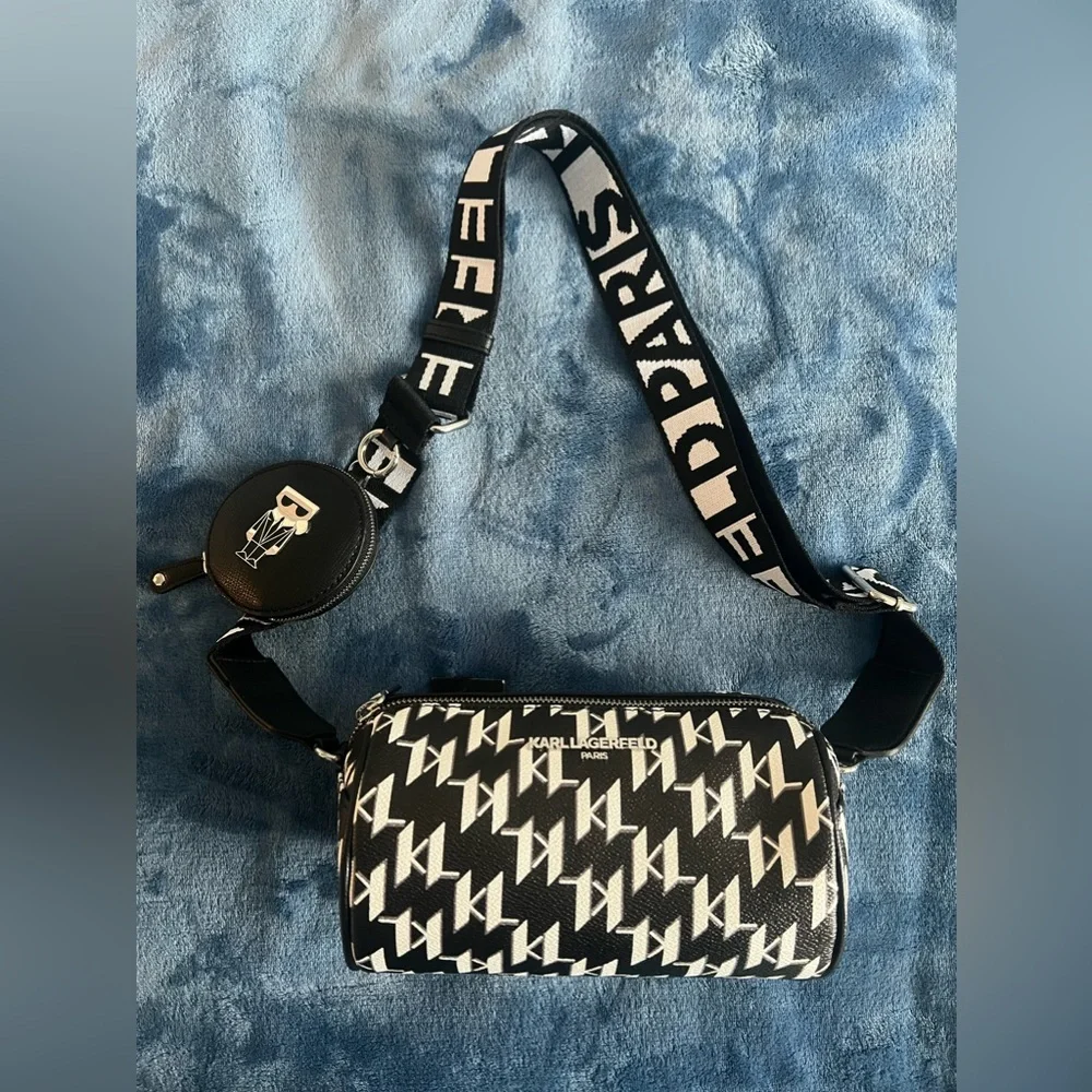 Karl Lagerfeld Black and White Monogram Crossbody Bag with Strap